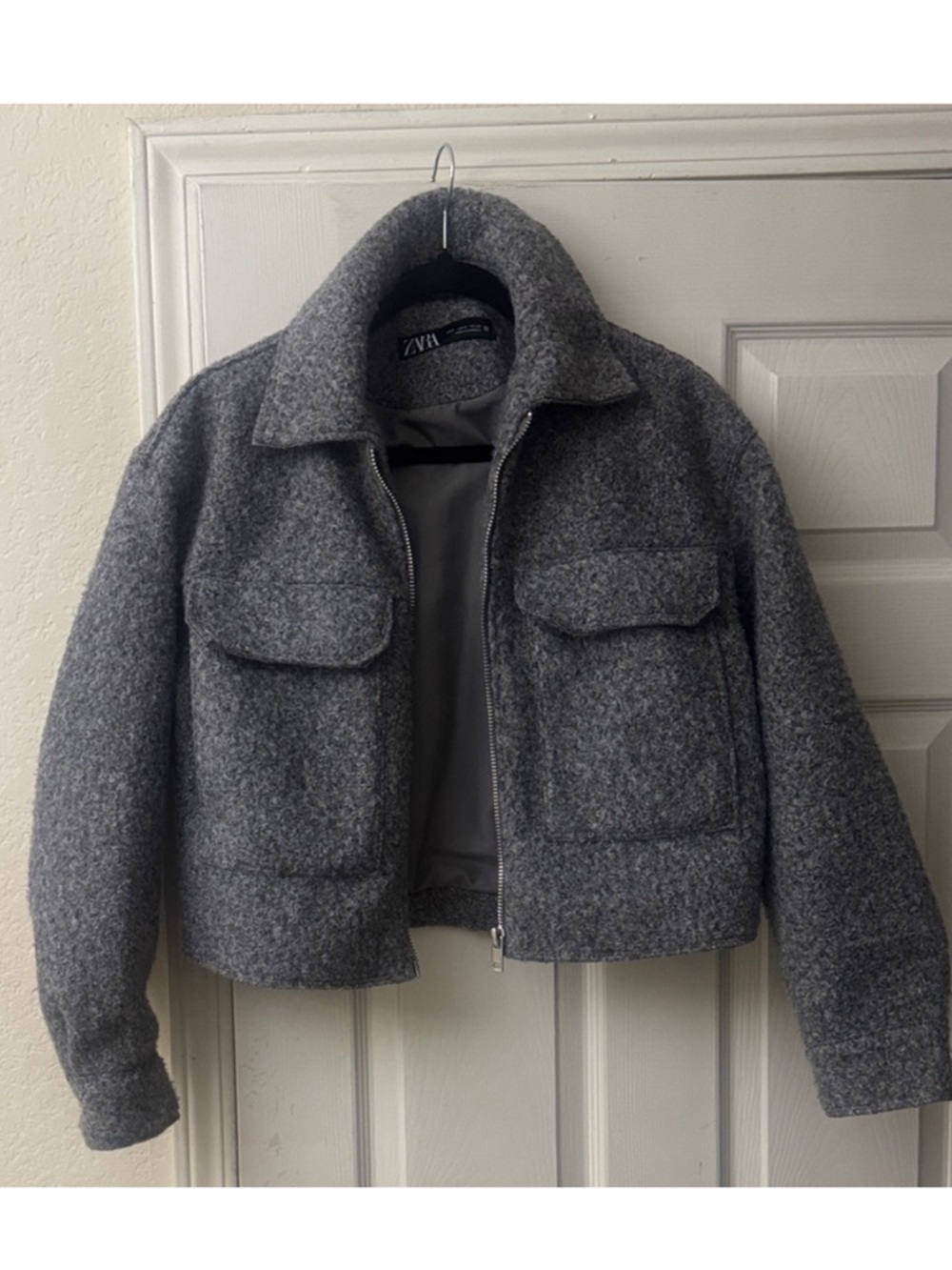Zara Heather Grey Textured Wool-Blend Jacket